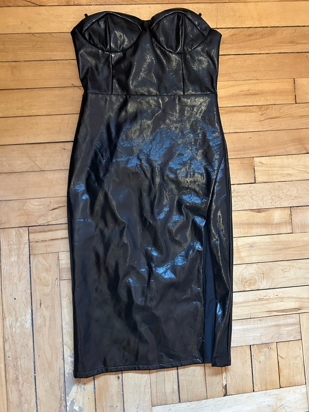 Black Strapless Faux-Leather Midi Dress